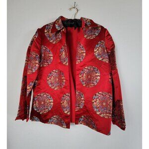 Vintage 80s Womens Asian-inspired Jacket Brocade Red Embroidered Silk/Satin